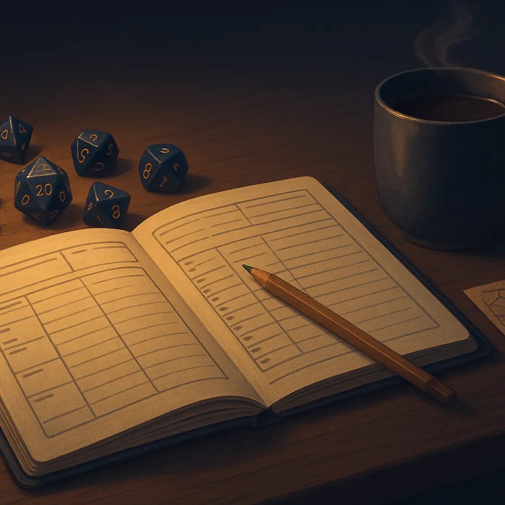 Cozy solo RPG desk scene with dice, notebook, and map