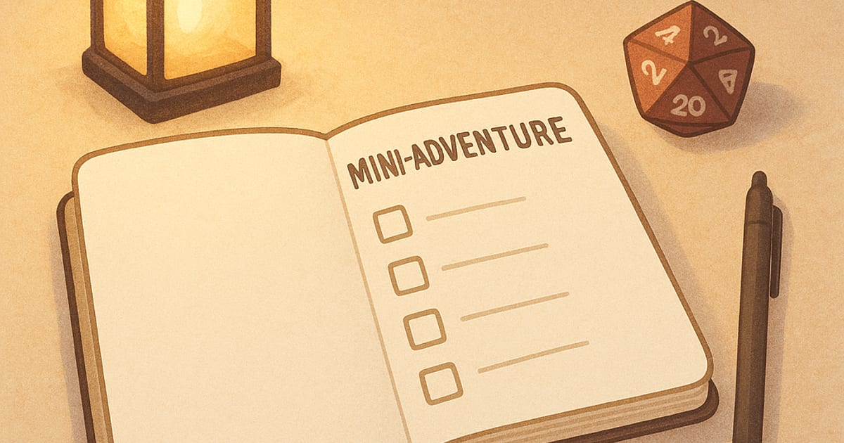 Friendly beginner mini‑adventure: notebook, candle lantern, and a d20 on a tidy desk.