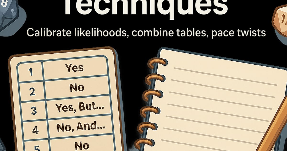 Title card 'Advanced Oracle Techniques' with dice and a compact oracle table on a cozy desk.